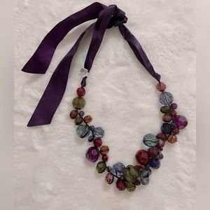 Colored crystal faceted beaded ribbon tie necklace